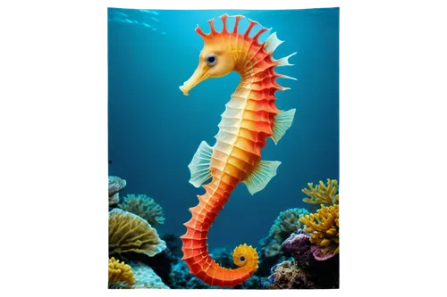 Seahorse, underwater, swimming, colorful scales, flowing tail, coral reef, ocean plants, bright sunlight filtering through water, shallow depth of field, soft focus, warm color tone, cinematic lightin