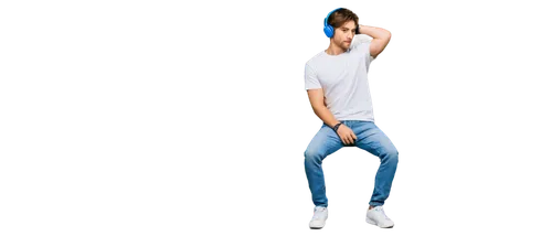 guy, young adult, casual wear, black headphones, messy brown hair, slight beard, relaxed facial expression, eyes looking down, white graphic t-shirt, blue ripped jeans, sneakers, leaning back, hands i