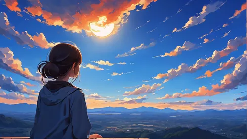 (masterpiece), best quality, a girl looking to the horiont, golden sky, gorgeous clouds, beautiful sky, amazing view, stunning view, landscape, breath taking image, perfect light, traced light through