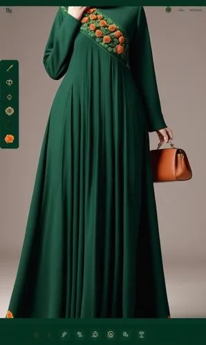 3d fashion drawing of long maxi chic dark green wool abaya for Muslim hejab with roses . with green and dark orange and off white roses and dark green roses and dark green roses and beige reses with p