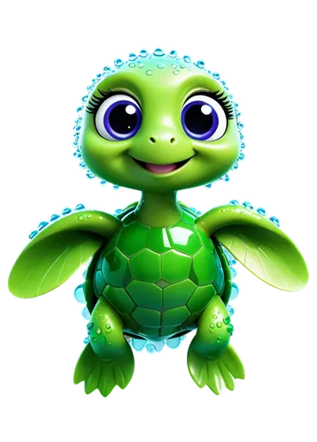 Cute turtle, cartoon style, green shell, big eyes, smiling face, tiny legs, swimming pose, transparent fins, shiny scales, water droplets, soft focus, warm lighting, 3/4 composition, bright color tone