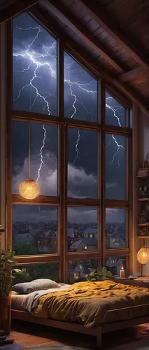 thunderstorm,thunderstorm mood,lightning storm,sleeping room,lightning strike,lightning,bedroom window,a thunderstorm cell,lightening,rainstorm,thunderclouds,modern room,evening atmosphere,fantasy picture,sci fiction illustration,romantic night,wooden windows,lightning bolt,world digital painting,staying indoors,Illustration,Realistic Fantasy,Realistic Fantasy 05