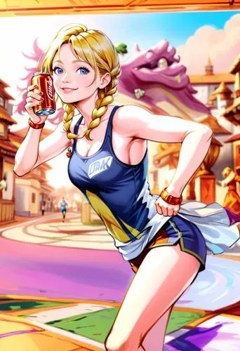 emilie de ravin holding a can of soda while running and smiling,normal five fingers holding the soda,an animated girl in shorts and tank top walking down the street,darjeeling,sophitia,jessamine,eilon