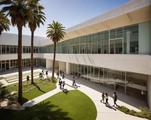 Southern California Institute of Architecture, modern building, white concrete walls, large glass windows, steel beams, open courtyard, palm trees, sunny afternoon, soft shadows, warm natural light, c