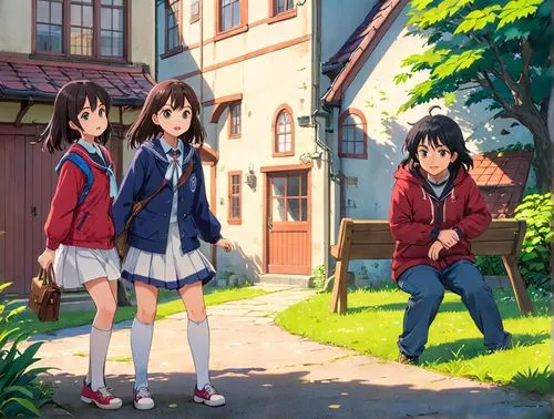 Englische Jugend,two anime girls in red jackets are standing outside,azusa nakano k-on,shitamachi,haruhi suzumiya sos brigade,suzumiya,azumanga,kyokai,Anime,Anime,Traditional