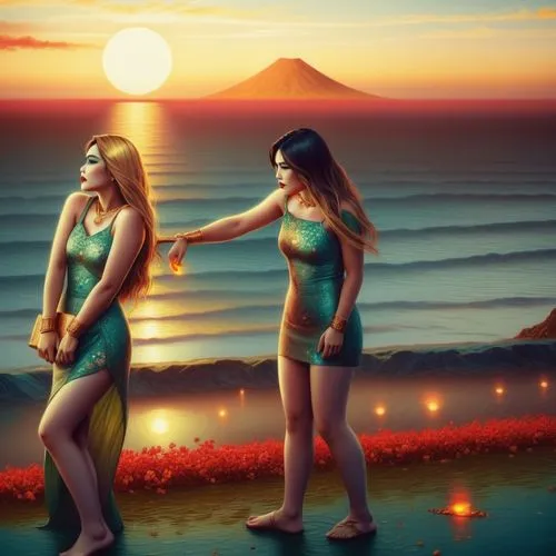 kupala,the night of kupala,sun and moon,fantasy picture,sunbathers,world digital painting,Illustration,Realistic Fantasy,Realistic Fantasy 25