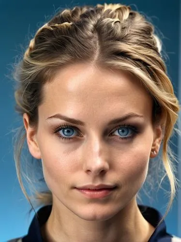 The picture shows a person in a close-up. Her face is turned directly towards the camera. She has fair skin and blue eyes. Her hair is dark blonde to light brown and loosely tied back, with a few stra