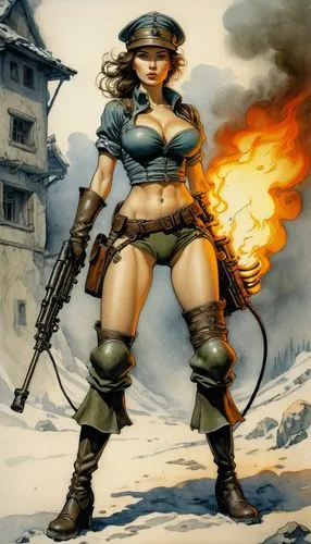 bisley,woman fire fighter,bulletgirl,female warrior,ilsa,kuribayashi,Illustration,Paper based,Paper Based 29