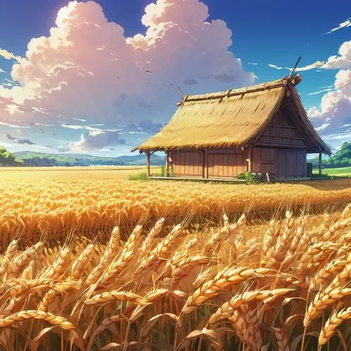 wheat field,grain field,wheat fields,farm background,grain field panorama,corn field,straw field,yamada's rice fields,field of cereals,barley field,farm landscape,rural landscape,cornfield,ricefield,rice field,bed in the cornfield,wheat crops,the rice field,agricultural,french digital background,Illustration,Japanese style,Japanese Style 03