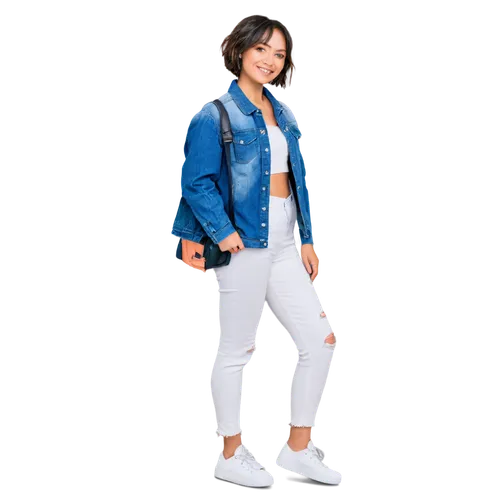 Morning photoshoot, female photographer, 20s, casual outfit, denim jacket, white shirt, ripped jeans, sneakers, Canon camera, tripod, sunrise background, soft warm light, shallow depth of field, sligh