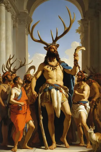 trioceros,hunting scene,minotaur,stag,apollo and the muses,elks,sparta,chamois with young animals,manchurian stag,elk,school of athens,pere davids deer,landseer,cervus elaphus,bougereau,santa claus with reindeer,oxen,capitoline wolf,bacchus,perseus,Art,Classical Oil Painting,Classical Oil Painting 40