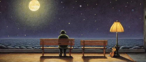 loneliness,man on a bench,night scene,to be alone,woman thinking,romantic night,evening atmosphere,solitude,romantic scene,moonlit night,sea night,astronomer,longing,lonely,surrealism,nocturnes,alone,lonely child,guiding light,emptiness,Illustration,Children,Children 03