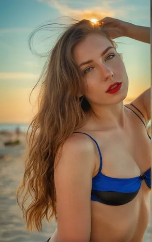 a portrait half body of a beautiful caucasian girl 23 years old, brown hair, blue eyes, red lips wearing a black bikini stand up in a beach at sunset whit the beach as background in 4k,beach backgroun