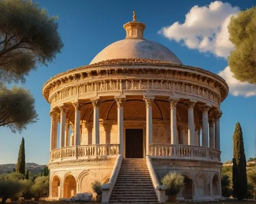 Ancient Roman, cupula, temple, dome-shaped, intricate carvings, ornate details, marble material, smooth texture, grandiose structure, symmetrical composition, warm lighting, golden hour, Mediterranean