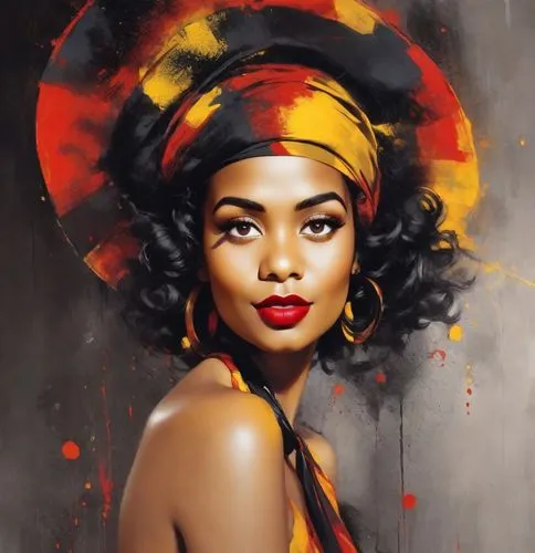 Rolf Armstrong style, The image of black Woman with splashes of red, yellow and black paint, abstract art, vibrant colors, high contrast, modern art style, detailed features, dynamic composition, acry