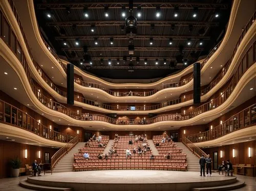 Elegant fusion architecture, curved lines, dynamic shapes, wooden accents, sound-absorbing panels, tiered seating, grand stage, professional lighting rigs, suspended catwalks, ornate balconies, luxuri