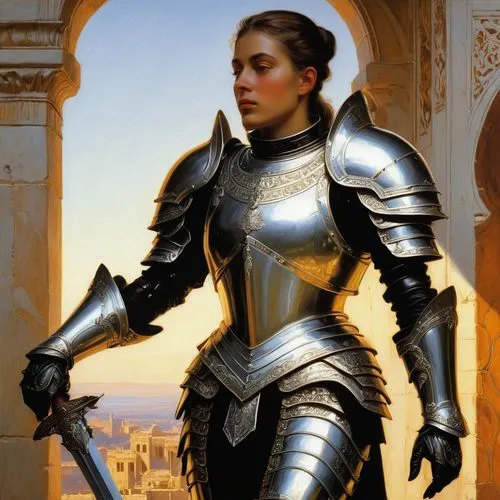 joan of arc,paladin,female warrior,knight armor,cuirass,fantasy portrait,heroic fantasy,crusader,armour,swordswoman,sterntaler,armor,heavy armour,knight,templar,breastplate,warrior woman,armored,jaya,fantasy warrior,Art,Classical Oil Painting,Classical Oil Painting 42