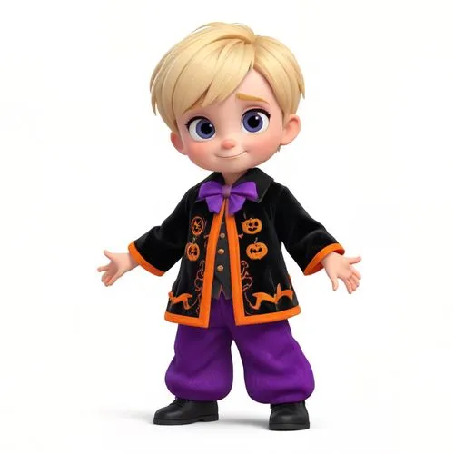 aadorable cartoon style 3D. a 5 year old boy with short straight haired blonde hair dressed in a traditional Halloween costume, which features a black velvet jacket with an orange front and black slee