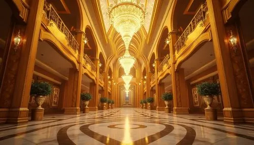 theed,corridors,hall of the fallen,corridor,hallway,streamwood,art deco background,render,art deco,gold wall,labyrinthian,3d render,citadels,radiosity,ballroom,grandeur,3d rendered,emporium,venetian hotel,hallway space,Photography,General,Realistic