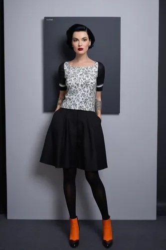 retro 50'st,black and white floral top with black short sleeves, black hair, model,orage sock boot black toe shoe, parted hair,a woman standing in front of a painting wearing a short skirt,derivable,f