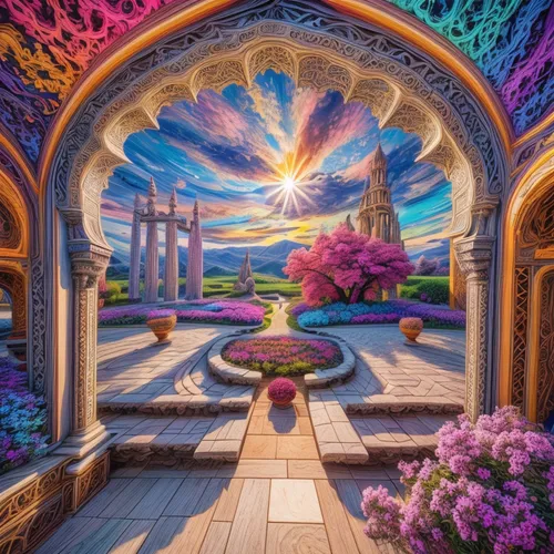 fantasy picture,3d fantasy,hall of the fallen,fantasy landscape,fantasy world,the mystical path,dandelion hall,portal,the threshold of the house,temples,tapestry,secret garden of venus,utopian,flower garden,fantasia,fairy world,gateway,harmony of color,rainbow bridge,kaleidoscope