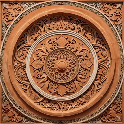 Generate an artwork  of terracotta bas relief from turkish traditional art, islamic simple patterns,  arabic calligraphy,the pattern is of a geometric design with a circle,circular ornament,floral orn