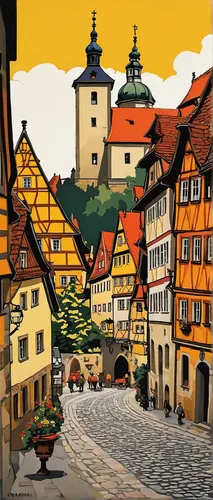 rothenburg,tübingen,bamberg,nuremberg,oktoberfest background,freiberg,erfurt,half-timbered houses,germany,esslingen,freiburg,travel poster,half-timbered,escher village,sigmaringen,luneburg,landsberg,styria,thun,hildesheim,Illustration,American Style,American Style 09