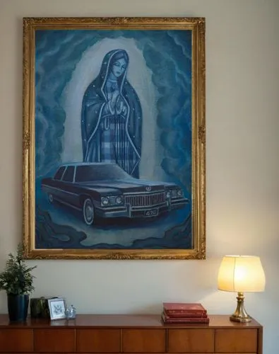 the little painting in gold frame hangs on the wall in Los Angeles,interior decor,the annunciation,annunciation,corvair,schoenstatt,interior decoration,church painting,retablo,the prophet mary,mercede