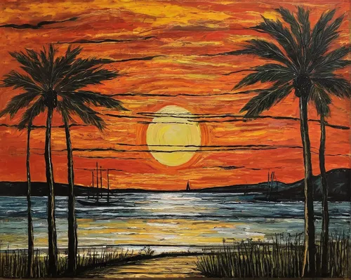 sunset beach,beach landscape,tequila sunrise,coast sunset,post impressionism,sun moon,oil painting on canvas,art painting,moonrise,red sun,palmtrees,hanging moon,sunset,sun of jamaica,an island far away landscape,oil painting,desert landscape,oil on canvas,the sun has set,palm pasture,Art,Artistic Painting,Artistic Painting 01