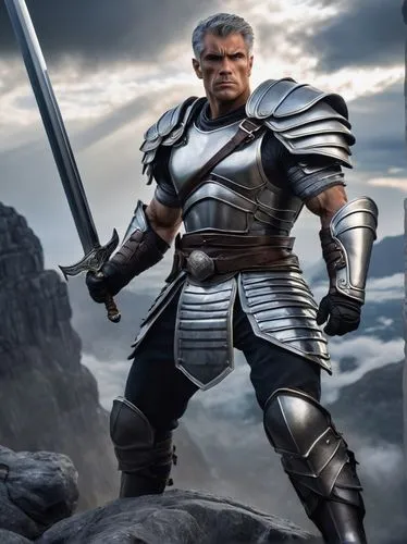 Muscular warrior, gray striped armor, silver shoulder pads, metallic gloves, muscular arms, holding a giant sword, standing on a rocky cliff, dramatic clouds, misty atmosphere, intense gaze, sharp fac