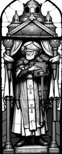 a 2d drawing in black and white of a bishop, coloring for children,a black and white image of saint patrick,ciborium,dalmatic,coadjutor,armorial,archiepiscopate,archdiocesan,Illustration,Black and Whi