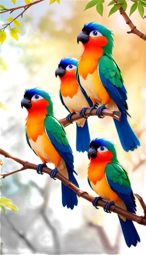 colorful birds,tanagers,kingfishers,birds on a branch,passerine parrots,conures,golden parakeets,sunbirds,tropical birds,rainbow lorikeets,macaws,parrots,lorikeets,songbirds,birds on branch,trogons,garden birds,group of birds,rare parrots,macaws of south america,Illustration,Japanese style,Japanese Style 03