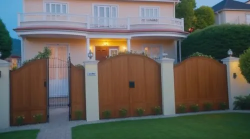 landscape , fence , house , classic , exterior , outdoor , trees , flowers , cars , street , people , lighting 
,an image of a home that is in the evening,fence gate,landscape design sydney,landscape 