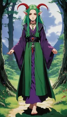 An evil druid girl, barefoot, with horns, red eyes and green hair, wearing short purple-trimmed green robes, wearing Gothic jewelry.,the woman is standing on a path with horns,ukyo,saionji,zampieri,mi