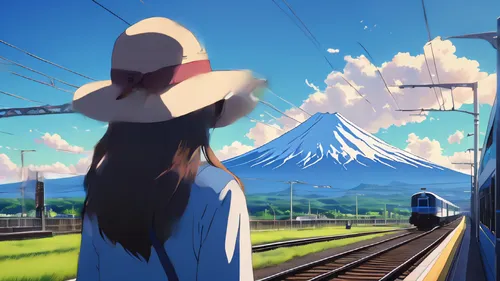 train ride,darjeeling,last train,the girl at the station,shinkansen,railroad,track,straw hat,journey,sky train,tracks,railway,train,summer day,departure,ordinary sun hat,arrival,traveler,trains,summer sky,Illustration,Japanese style,Japanese Style 14