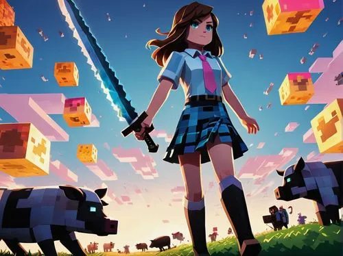 cube background,pink squares,cubes,game illustration,minecraft,bulletgirl,game art,checkered background,idealizes,girl with gun,aerith,girl with a gun,tartan skirt,pixel cells,farming,sakura background,kornfeld,overworld,xevious,gameworld,Illustration,Black and White,Black and White 31