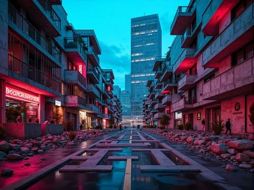 Deconstructed buildings, fragmented forms, abstract shapes, clashing colors, bold contrasts, vibrant hues, neon lights, urban landscapes, city skylines, industrial textures, exposed ductwork, raw conc