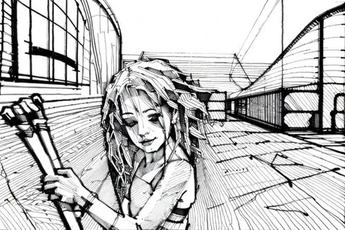 mono-line line art,the girl at the station,game drawing,mono line art,pen drawing,comic style,girl drawing,ball pen,line-art,staves,pencils,swordswoman,camera drawing,line art,lineart,camera illustrat