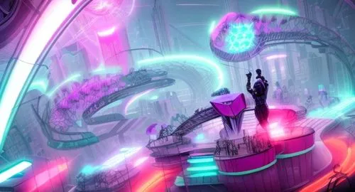 Cyber punk neon Science fiction orchestra conductor,sci fiction illustration,whirl,amusement ride,electric arc,futuristic landscape,concept art,cg artwork,cyberpunk,futuristic,scifi,cyberspace,portal,