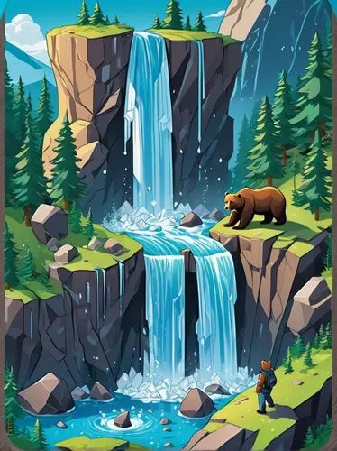 brown waterfall,water falls,cartoon video game background,waterfall,a small waterfall,water fall,waterfalls,ash falls,ilse falls,icefalls,skylands,falls,cascade,mountain spring,cartoon forest,cascades,nature background,mountain scene,mountain cows,green waterfall,Unique,3D,Isometric