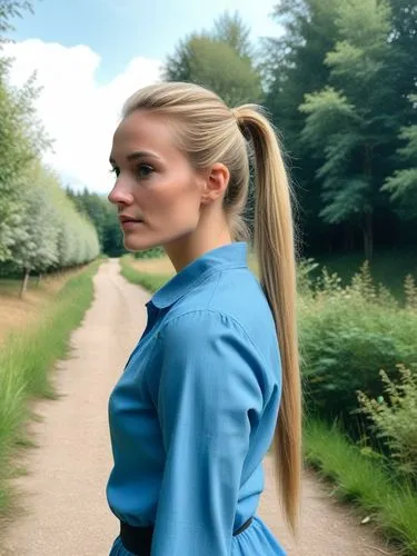 The picture shows a person with long, blond hair tied back in a high ponytail, standing barefoot outdoors in a wooded area. In the background are trees, bushes and a hint of a small fence in the middl