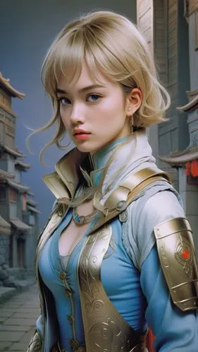 no background, anime, short hair, fit woman, big eyes, big lips,muscle woman, complete armor,a very attractive lady with blue and gold,yuanji,sophitia,anduin,shanna,soulcalibur,mengsk,Illustration,Rea