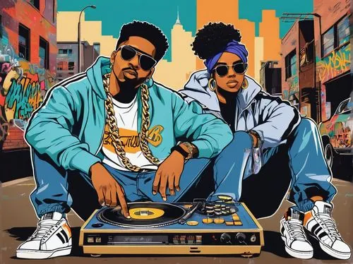 Vintage 1990s hip-hop album cover, gold chain, afro hair, retro sunglasses, colorful graffiti background, urban cityscape, old-school turntables, vinyl records, boombox, cassette tapes, ripped jeans, 