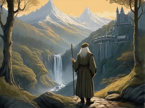 Rivendell, Elrond's home, Lord of the Rings, fantasy world, misty mountains, ancient trees, waterfall, serene atmosphere, Alan Lee, famous illustrator, white beard, wise eyes, glasses, beret, painting