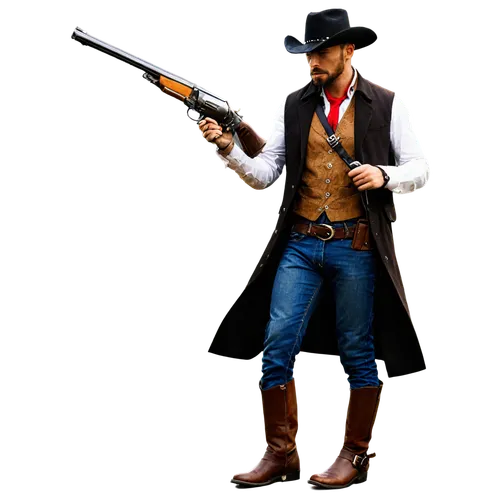 Shotgun, loud blast, smoke emission, metallic glint, wooden handle, intricate engravings, leather holster, cowboy boots, rugged man, outdoors, dynamic pose, low-angle shot, dramatic lighting, high-con