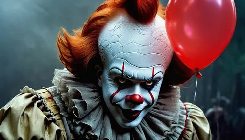 Pennywise, IT, demonic clown, sinister grin, pale skin, bright red nose, exaggerated eyebrows, messy orange hair, white face paint, colorful costume, oversized buttons, red balloon, holding, gloved ha