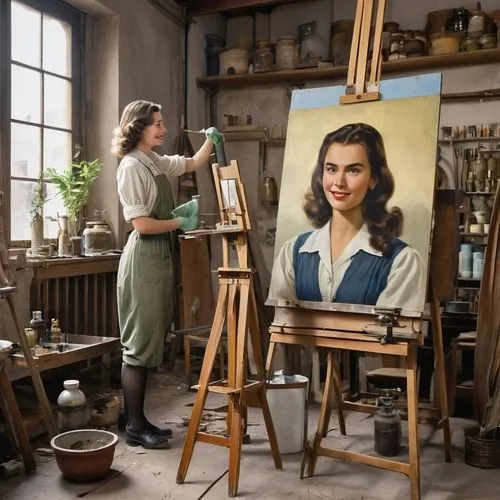 A male painting artist is standing in front of a wooden easel and pinting with oil colors a model of a young 19 years old woman standing in an elaborate quipped artist studio with soe epmty and with w