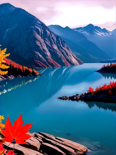 Canadian flag, majestic mountain range, serene turquoise lake, maple leaf, autumn foliage, rugged rocky shoreline, misty morning atmosphere, soft warm lighting, panoramic view, 3/4 composition, high d