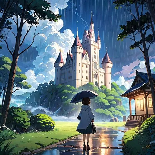 studio ghibli,fairy tale castle,fairy tale,fairytale castle,rainy season,violet evergarden,rainy day,after the rain,after rain,a fairy tale,fantasy picture,my neighbor totoro,rainy,castles,fantasy world,fairytale,fantasy landscape,castle,children's fairy tale,walking in the rain,Anime,Anime,Traditional