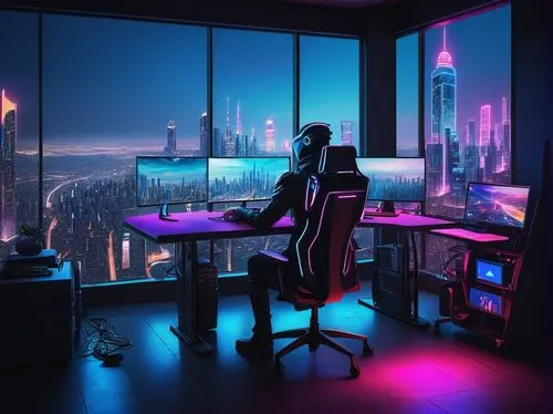 cyberpunk,computer room,modern office,night administrator,computer workstation,blur office background,neon human resources,man with a computer,cyberscene,desk,cybercafes,creative office,cybertrader,cyberport,cybercity,cybertown,office desk,working space,futuristic,computable,Photography,Documentary Photography,Documentary Photography 34